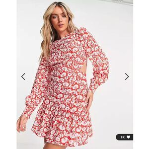 Topshop Dress Womens Red Daisy Print Tea Mini Side Cut-Out Long Sleeve US 2 UK 6